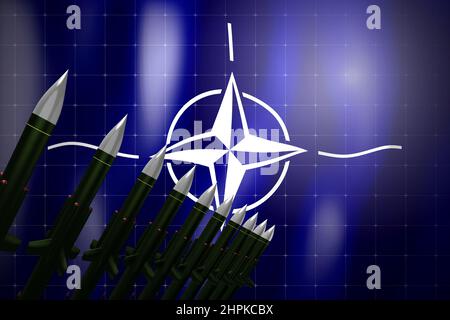 Marschflugkörper, Flagge der NATO im Hintergrund - Verteidigungskonzept - 3D Illustration Stockfoto