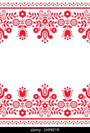 Polnische Volkskunst Vektor Grußkarte Design oder Hochzeit Einladung mit Blumen und geometrischen Formen, niedliche rote Muster Dekoration im 5x7-Format Stock Vektor