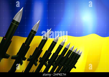 Marschflugkörper, Flagge der Ukraine im Hintergrund - Verteidigungskonzept - 3D Abbildung Stockfoto