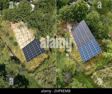 Luftaufnahme von Photovoltaik-Sonnenkollektoren im Grasfeld vor und nach der Installation. Fotocollage von männlichen Arbeitern, die Solarmodule auf Metallstruktur und installiertes Solarpanel-System installieren. Stockfoto