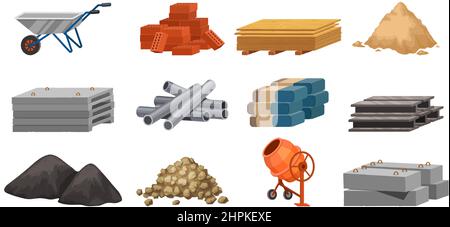 Cartoon-Baustoffe, Platten, Ziegel, Metallrohre und Pfähle. Baustellenblöcke, Zementhaufen, Kies, Sand und Werkzeuge Vektor-Set Stock Vektor