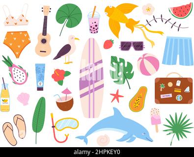 Sommer Symbole Aufkleber, Surfbrett, Wassermelone und Reisetasche. Strandball, Möwe, Getränke, Sonnencreme und Gitarre. Vektor für Urlaubssymbole festgelegt Stock Vektor