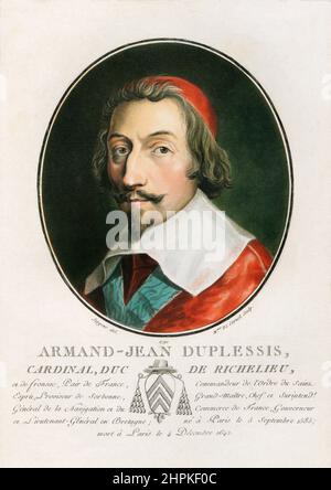 Kardinal Richelieu. Kardinal Armand Jean du Plessis, 1st Herzog von Richelieu und Fronsac, auch bekannt als Rote Eminenz, 1585-1642. Französischer Geistlicher, Adliger und Staatsmann. Nach einem Werk von Antoine-Francois Sergent-Marceau in der Ausgabe 1792 von Portraits des Grands hommes, Femmes illustres, et Sujets mémorables de France, gravés et imprimée en Couleurs. Stockfoto