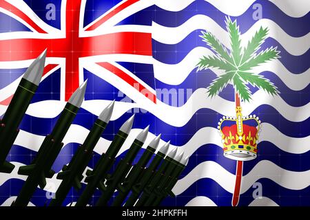 Marschflugkörper, Flagge des Britischen Territoriums im Indischen Ozean im Hintergrund - Verteidigungskonzept - 3D Illustration Stockfoto