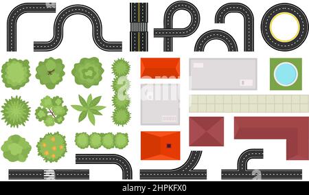 Stadtplan Draufsicht, Häuser, Straßen und Bäume. Stadtlandschaft Plan Elemente von oben, Gebäude Dächer, Büsche und Verkehr Spur Vektor gesetzt Stock Vektor