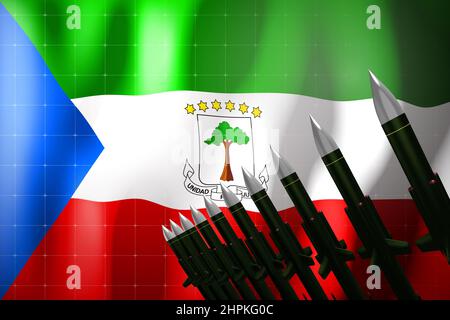 Marschflugkörper, Flagge Äquatorialguineas im Hintergrund - Verteidigungskonzept - 3D Abbildung Stockfoto