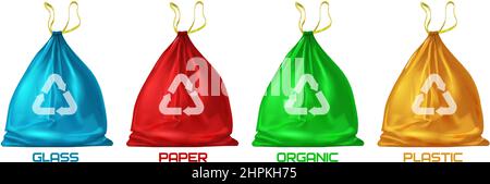 Realistische bunte Müllsäcke für getrennten Abfall und Recycling. Plastiktüte für Papier-, Bio- und Glasabfälle. Sortieren des Vektors für veralteter Daten Stock Vektor