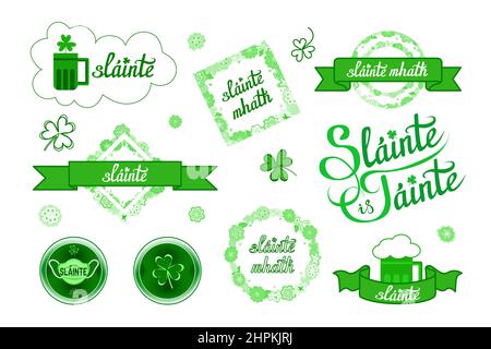 Gesundheit und Wohlstand, gute Gesundheit, irischer Wunsch. Handschriftzug in Gälisch, Cliparts mit Kleeblatt, Rahmen, Bänder Stock Vektor