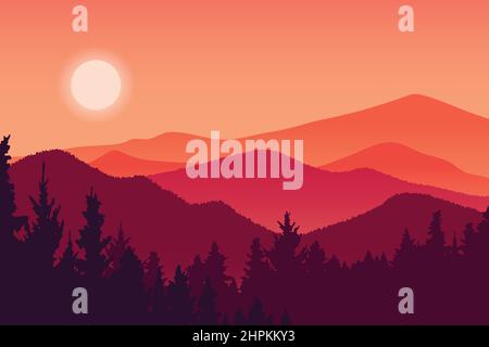 Berglandschaft und Wald Vektor Illustration, rote Silhouette Hügel Umgebung bei Sonnenuntergang Stock Vektor