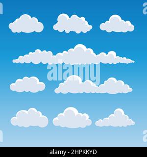 Sammlung von Wolken in den blauen Himmel, Vektor-flache Cartoon-Illustration für Websites und Banner-Design. Stock Vektor