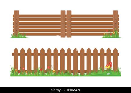 Holzzaun mit Gras und Blumen Vektor-Design Stock Vektor