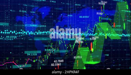 Bild von sich ändernden Zahlen und Datenverarbeitung mit Weltkarte Stockfoto