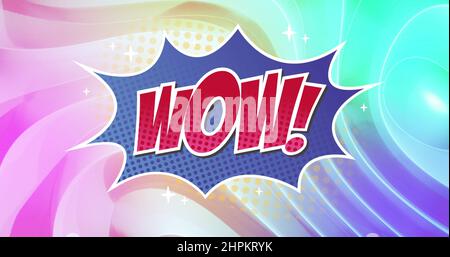 Bild von Retro-Wow-Text über lila Sprechblase und Regenbogen-Hintergrund Stockfoto