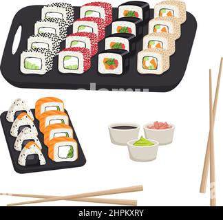 Set mit japanischem Sushi-Gericht, Brötchen und Onigiri. Köstliche orientalische traditionelle Speisen auf schwarzem Tablett mit Essstäbchen, Ingwer, Wasabi und Sojasauce. Vektorgrafik für flache Lebensmittel Stock Vektor