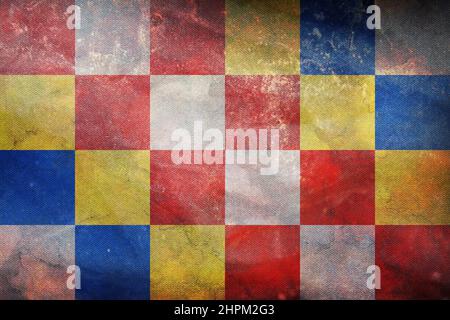 Draufsicht auf die Retro-Flagge Antwerpen, Belgien mit Grunge-Struktur. Belgisches Reise- und Patriot-Konzept. Kein Fahnenmast. Ebenenlayout, Design. Hintergrund markieren Stockfoto