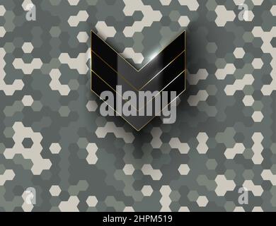 Militär schwarz glänzend Sergeant Rang Zeichen auf hex Pixel Camouflage Hintergrund. Moderne Armee Camouflage Hexagon Pixel Textur. Futuristisch grau camo hintergr Stock Vektor