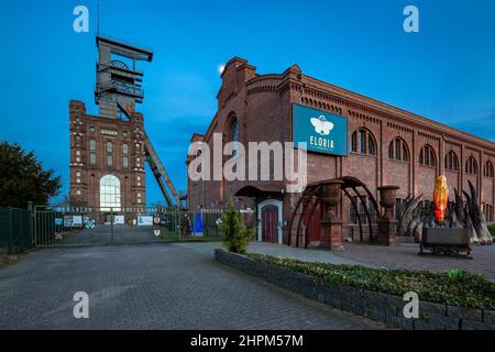 Deutschland, Bottrop, Ruhrgebiet, Westfalen, Nordrhein-Westfalen, NRW, Route des Industrieerbes, Steinkohlenbergbau, Koalzwerk Prosper-Haniel, Schachtturm Prosper II, Malakoff-Turm mit Kopfgestell und ehemaligem Kopfbad, heute FLORIA-Erlebnisfabrik und Gastronomie Stockfoto