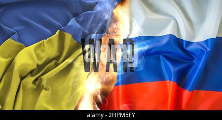 Ukrainische Flagge gegen russische Flagge - Konflikt zwischen der Ukraine und Russland, Gefahr eines drohenden Krieges -Bannerdesign Stockfoto