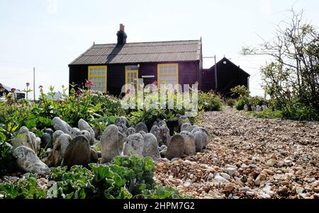 Prospect Cottage an der Küste in Dungeness, Kent, Großbritannien. Ursprünglich eine viktorianische Fischerhütte, wurde das Haus 1987 vom Regisseur und Künstler Derek Jarman gekauft und war bis zu seinem Tod 1994 sein Zuhause. Stockfoto