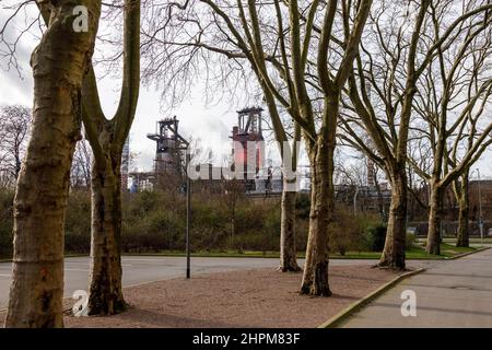 Wohngebiet Duisburg-Bruckhausen, dahinter Industriekulisse mit Hochofen der thyssenkrupp Steel Europe AG. Stockfoto