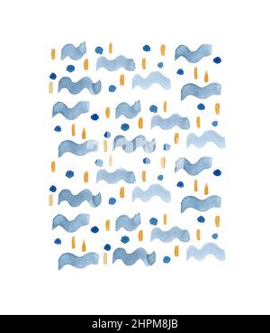 Indigo Waves Aquarell Hintergrund als welliges Marineblau mit orangen Wellen Poster gemalte Illustration Stockfoto