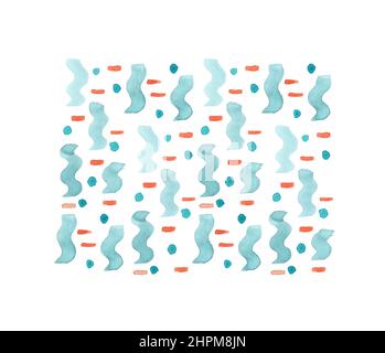 Teal Wellen Aquarell Hintergrund als wellig blau-grün mit orangen Wellen Poster gemalte Illustration Stockfoto