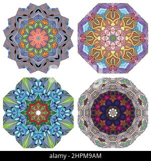 Handgemaltes Kunstdesign. Farbe handgezeichnete Illustration Set von 4 Mandalas für die Dekoration Stock Vektor