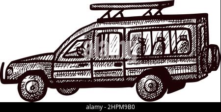 Safari Jeep. Skizze isoliert. Oldtimer-Abenteuer-Geländewagen im handgezeichneten Stil. Graviertes Symbol für Poster, Druck, Buchillustration, Logo, T Stock Vektor