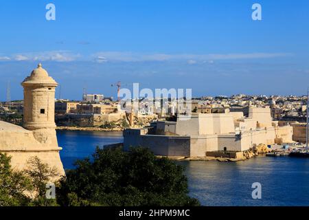 Blick auf Fort St Angelo über Grand Harbour, Valletta, Malta