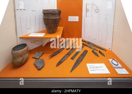 Curtis Museum, das Heimatkundemuseum im Stadtzentrum von Alton, Hampshire, England, Großbritannien. Bronzezeitliche Artefakte Stockfoto