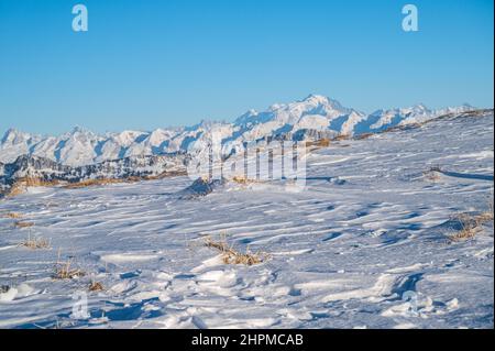 Landschaftsaufnahme einer Bergkette, die vom Snow Field aufgenommen wurde. Stockfoto