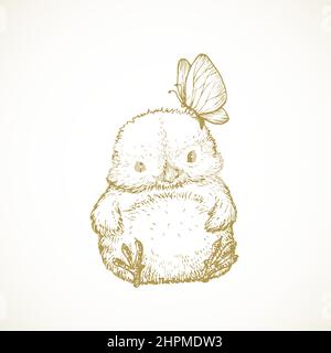 Handgezeichnete Niedliche Easter Chick Vektor-Illustration. Kleines Huhn mit Schmetterling abstrakte Skizze. Frühling Urlaub Gravur Stil Zeichnung Isoliert Stock Vektor
