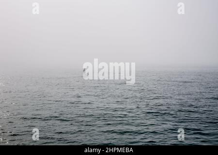 Ein Mann auf einer stehenden Brandung rudert ein Paddel weit im Nebel ins Meer. Stockfoto