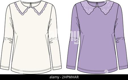 Vektor Frau Langarm-T-Shirt mit Kragen und Rüschen technische Zeichnung, Rundhalsausschnitt Frau Bluse flach, Mode CAD, Skizze, Vorlage, Mock up. Jer Stock Vektor