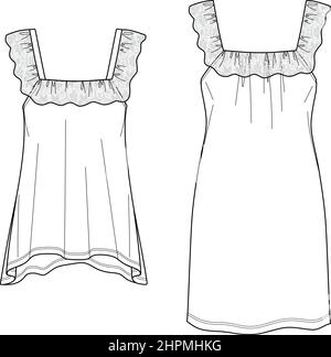 Vektor ärmelloses T-Shirt und Kleid mit Spitzenbesatz Mode CAD, Frau eckigen Hals Modell technische Zeichnung, Vorlage, flach, Skizze. Jersey oder gewebte Fab Stock Vektor