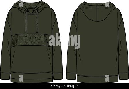 Vector Frau Sweatshirt mit Samt Details Mode CAD, langärmelige Kapuzen Sweatshirt technische Zeichnung, Vorlage, Skizze, flach. Fleece oder gewebte Fab Stock Vektor