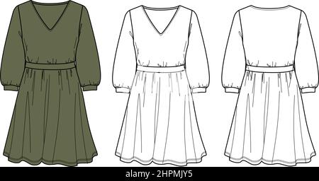 Vektor Langarm Minikleid technische Zeichnung, Frau V-Ausschnitt Kleid mit Ballon Ärmel Mode CAD, Skizze, Vorlage, flach. Jersey oder gewebter Stoff dr Stock Vektor