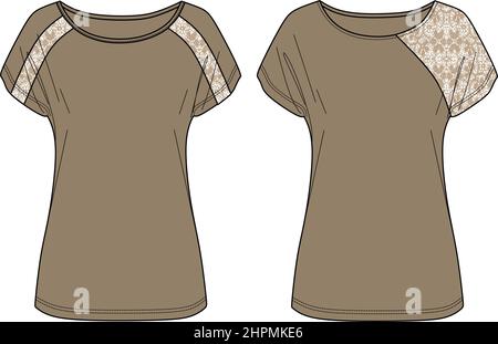 Vector Kurzarm Bluse Mode CAD, Frau Jersey Top mit Spitze auf den Schultern technische Zeichnung, Sommer Rundhalsausschnitt T-Shirt Skizze, Vorlage.Jersey Stock Vektor