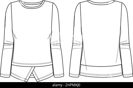 Vektor Frau gewebten Saum Sweatshirt Mode CAD, langärmelige Rundhalsausschnitt oben technische Zeichnung, Vorlage, Skizze, flach, Mock up. Fleece- oder Webstoff Stock Vektor