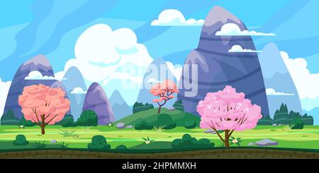 Fantasielandschaft, grüne Hügel, blühende Bäume, Frühling, Berge, Panorama. Vektorgrafik Cartoon Hintergrund Illustration Stock Vektor