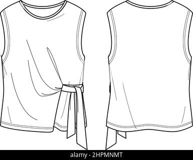 Vektor Rundhalsausschnitt Bluse Mode CAD, Frau asymmetrisch ärmellos T-Shirt technische Zeichnung, Skizze, Vorlage, flach, Mock up. Jersey oder gewebter Stoff b Stock Vektor