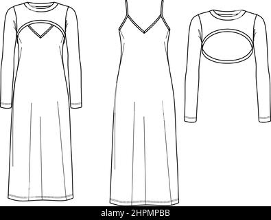 Vector Maxi-Kleid mit Schultergurten technische Zeichnung, Frau Slip-Kleid mit langärmeligen Bolero Mode CAD, Skizze, Vorlage, flach. Jersey oder wov Stock Vektor