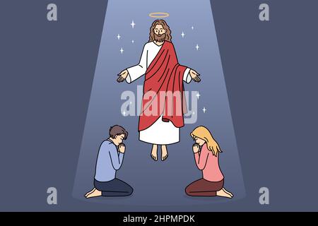 Religion und Christentum Bildungskonzept. Freundlich lächelnden Jesus in roter Kleidung fliegen über sitzende und betende Menschen kümmert sich um sie Vektor-Illustration Stock Vektor