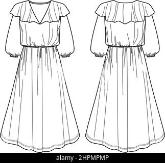 Vector Maxi Bohemian Kleid Mode CAD, Frau ausgestellten V-Ausschnitt mit ausgestelltem Kragen langes Kleid technische Zeichnung, Vorlage, Skizze, flach, Mock up. Jersey o Stock Vektor