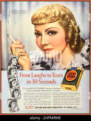 Cigarette Celebrity Endorsment 1938 von Claudette Colbert for Lucky Strike Zigaretten - 1938 Werbung Anzeigen, Vintage Anzeigen, Vintage Anzeigen, Vintage Drucke, Vintage Bilder, , Lucky Strike Cigarettes, Vintage Cigarette Ads, Claudette Colbert von Lachen zu Tränen in 30 Sekunden, mit Männern, die Tabak am besten kennen - es ist Glück 2 bis 1 Stockfoto