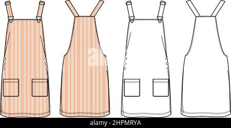 Vektor Latzhose Kleid Mode CAD, Frau Minikleid mit gestreift nahtlose Muster technische Zeichnung, Vorlage, flach, Skizze, Mock up. Jersey oder gewebt Stock Vektor