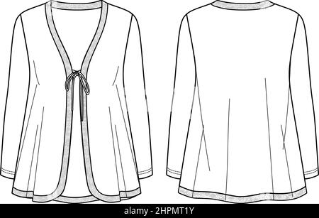 Vector langärmelige Jacke Mode CAD, Winter Frau gestrickt Strickjacke mit Spitzenbesatz Saum und Schleife Detail technische Zeichnung, Vorlage, flach, Skizze. Jer Stock Vektor