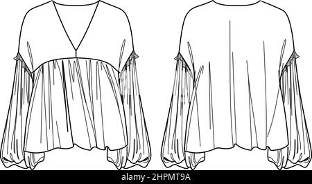 Vektor Langarm Bluse Mode CAD, Frau V-Ausschnitt überschnittene Schultern Top mit Spitze Detail technische Zeichnung, Vorlage, flach, Skizze. Jersey oder gewebt Stock Vektor