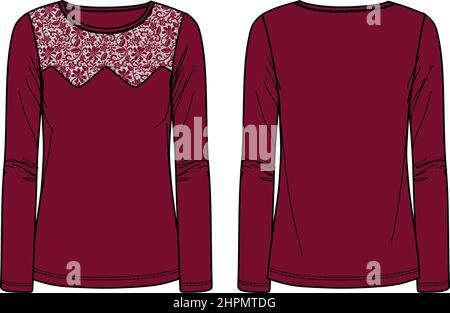 Vektor Langarm Frauen T-Shirt technische Zeichnung, Rundhalsausschnitt Top mit Spitze Detail Mode CAD, Vorlage, Skizze, flach. Jersey-Bluse im Vorderteil, Ba Stock Vektor