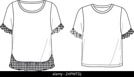 Vector Kurzarm Rundhalsausschnitt Top Mode CAD, Frau Bluse mit ausgestellten Rüschen technische Zeichnung, Vorlage, flach, Skizze. Jersey- oder Webstoff t s Stock Vektor